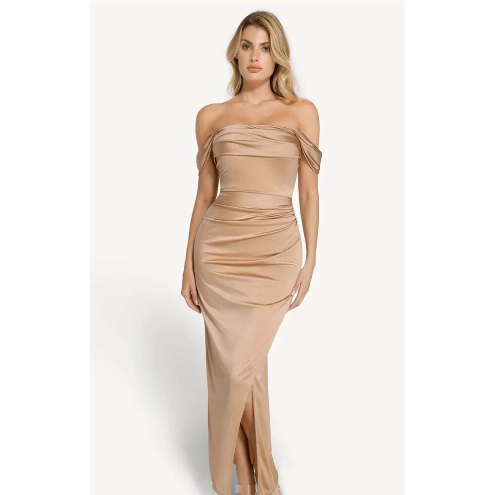 NWT Size M Champagne Popilush Shapewear Off Shoulder Ruched Sculpting Maxi Dress